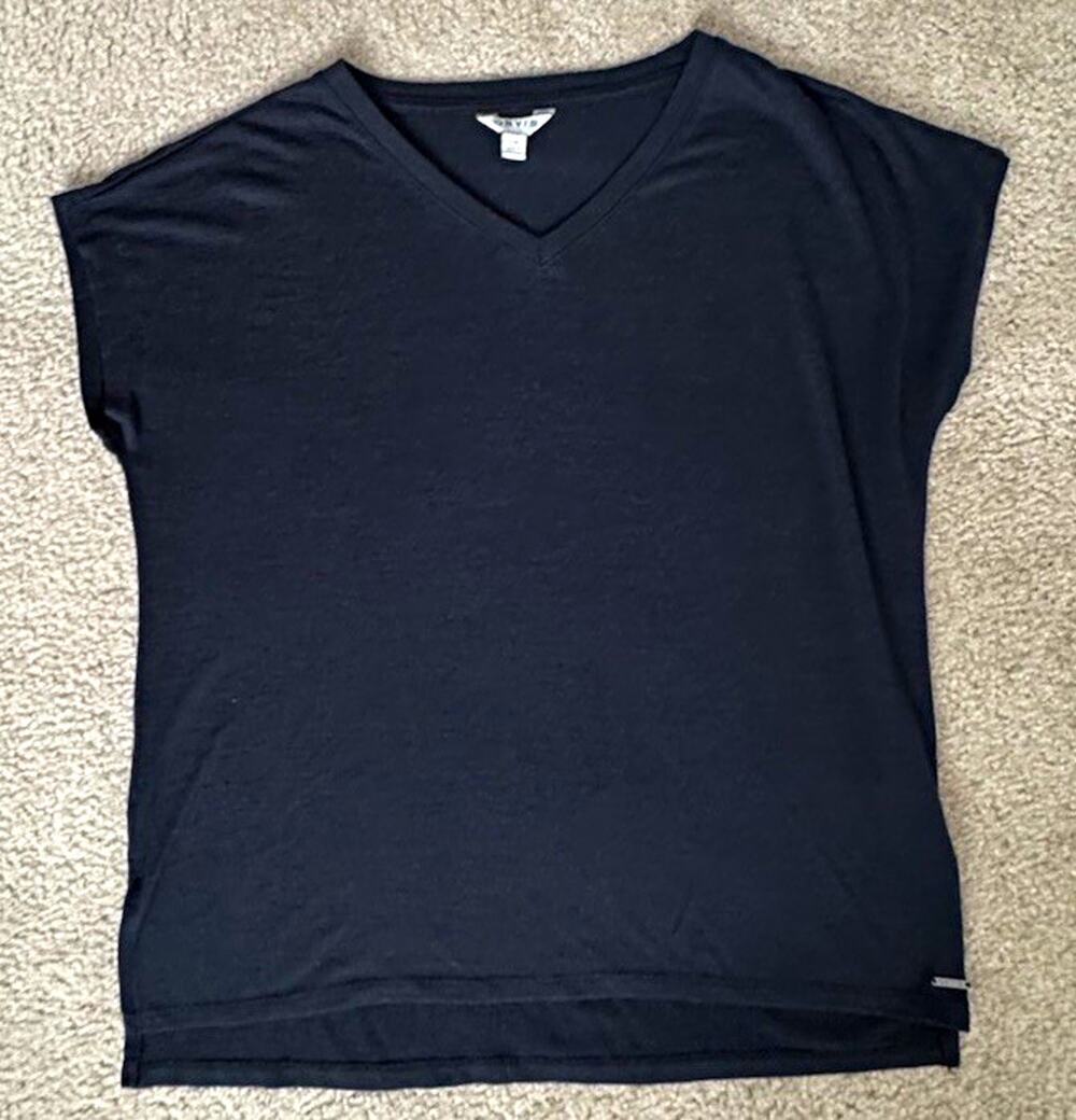 Orvis Women’s Large Black V Neck Slub Knit Tunic Top Stretch Side Slits